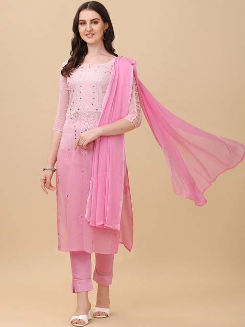 

Virah Fashion Women Floral Embroidered Thread Work Kurta with Trousers & With Dupatta, Pink