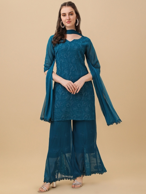 

Virah Fashion Women Embroidered Chikankari Straight Kurta with Sharara & With Dupatta, Teal