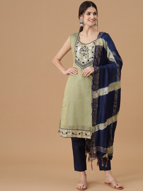 

VredeVogel Women Ethnic Motifs Embroidered Chanderi Silk Kurta with Trousers & Dupatta, Green