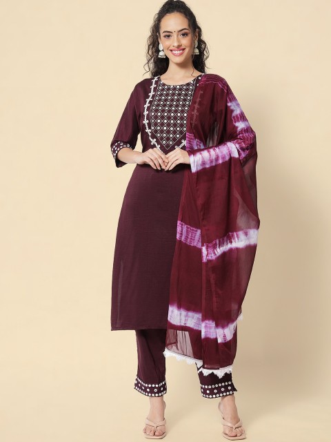 

VredeVogel Women Purple Yoke Design Mirror Work Kurta with Trouser & Dupatta