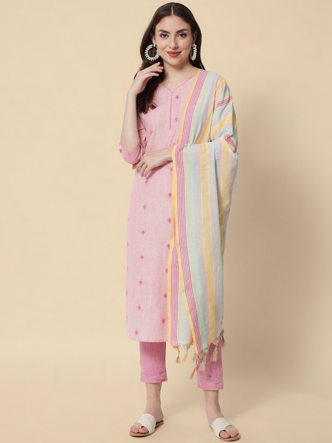 

VredeVogel Women Pink Woven Design Pure Cotton Kurta with Trouser & Dupatta