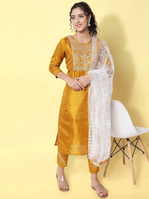 

VredeVogel Women Mustard Yellow & White Embroidered Kurta with Trousers & With Dupatta