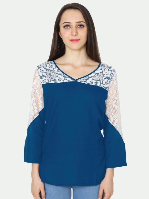 

PATRORNA Women Plus Size Blue & White Solid Lace Detailed Top