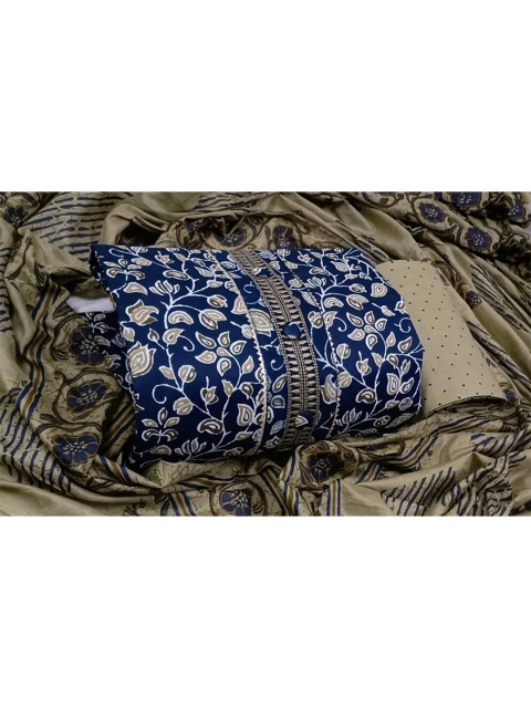 

SALWAR STUDIO Blue & Beige Embroidered Pure Cotton Unstitched Dress Material