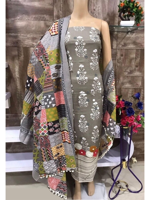 

SALWAR STUDIO Grey & Off White Embroidered Pure Cotton Unstitched Dress Material