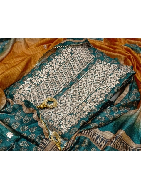 

SALWAR STUDIO Women Teal & Orange Embroidered Unstitched Dress Material