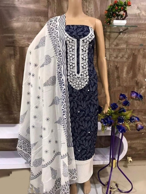 

SALWAR STUDIO Blue & Off White Embroidered Pure Cotton Unstitched Dress Material