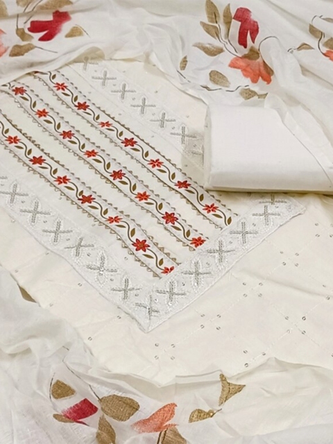 

SALWAR STUDIO Embroidered Pure Cotton Unstitched Dress Material, Off white