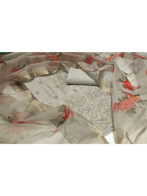 

SALWAR STUDIO Grey & Red Embroidered Unstitched Dress Material