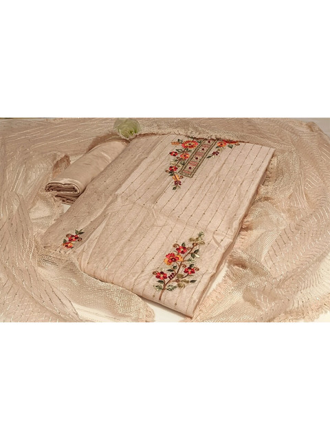 

SALWAR STUDIO Beige & Pink Embroidered Unstitched Dress Material