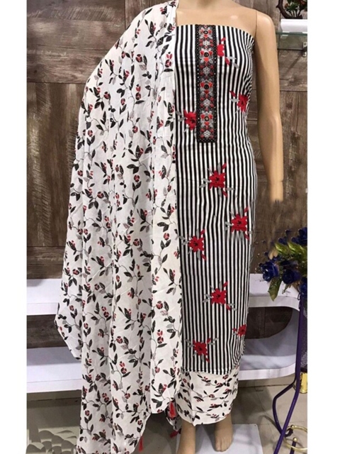 

SALWAR STUDIO White & Grey Embroidered Pure Cotton Unstitched Dress Material