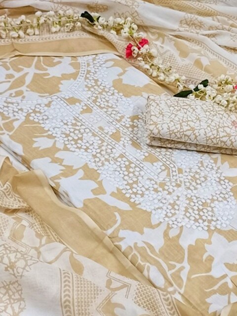 

SALWAR STUDIO Embroidered Pure Cotton Unstitched Dress Material, Beige