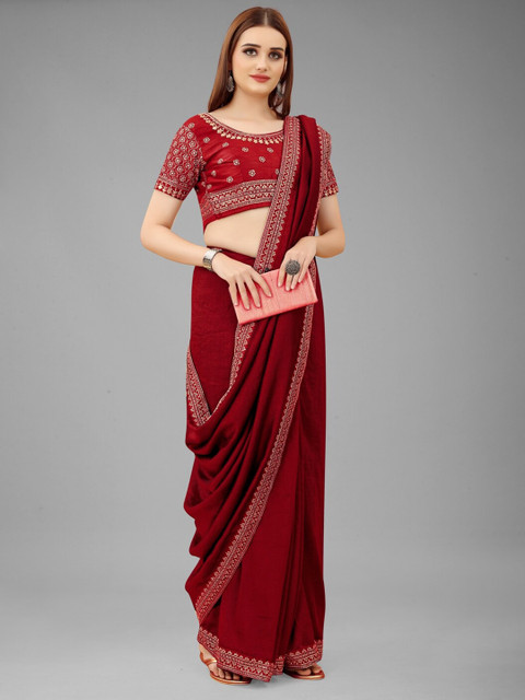 

Lady Style Red & Gold-Toned Embroidered Pure Silk Ready to Wear Mysore Silk Saree