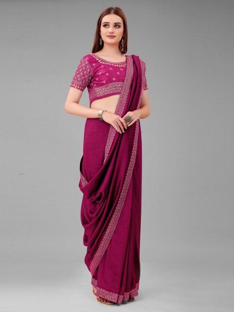

Lady Style Magenta & Gold-Toned Embroidered Pure Silk Ready to Wear Mysore Silk Saree