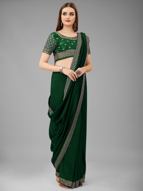 

Lady Style Green & Gold-Toned Embroidered Pure Silk Ready to Wear Mysore Silk Saree