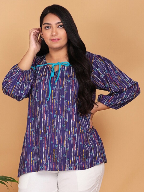 

LastInch Blue Floral Print Tie-Up Neck Top