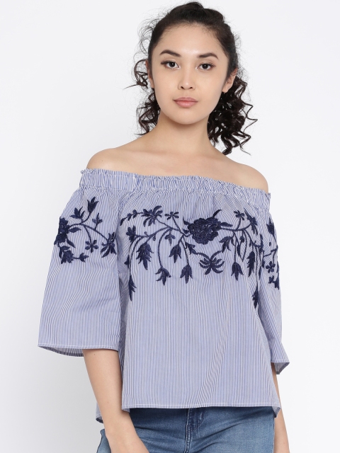 

Vero Moda Women Blue & White Striped Bardot Top