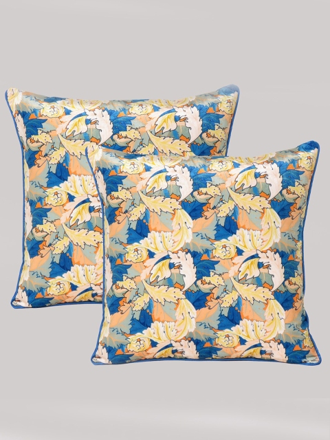 

OUSSUM Set of 2 Floral Velvet Square Cushion Covers, Blue