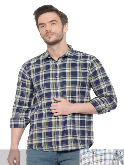 

BAWERIN Men Pack Of 2 Navy Blue Original Tartan Checks Sheer Checked Casual Shirt