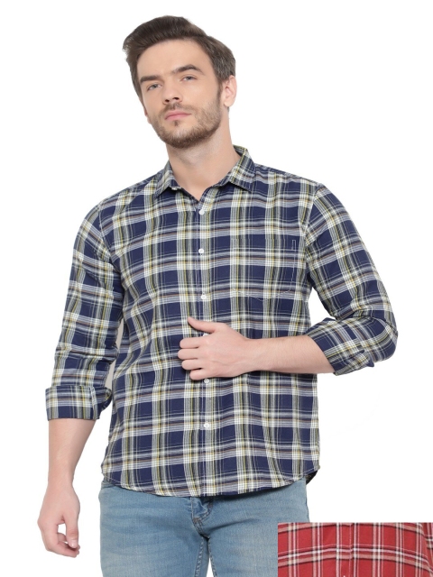 

BAWERIN Men Pack Of 2 Navy Blue Original Tartan Checks Sheer Checked Casual Shirt