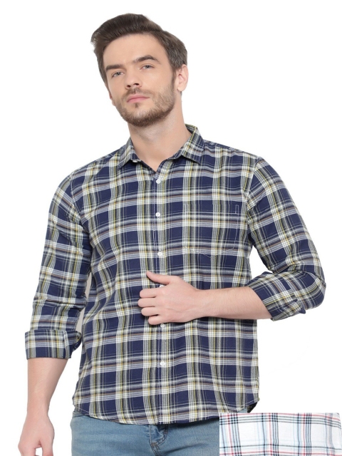 

BAWERIN Men Pack Of 2 Navy Blue Original Tartan Checks Sheer Checked Casual Shirt