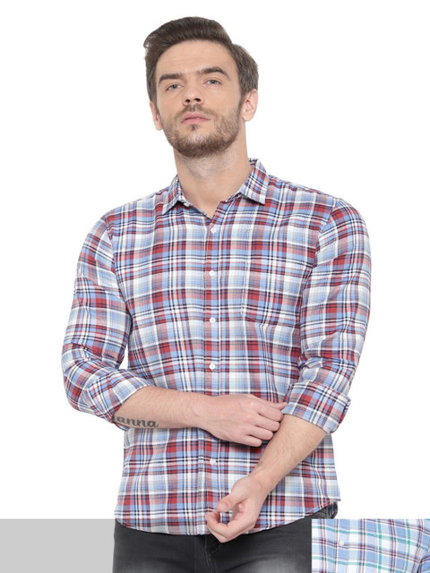 

BAWERIN Men Pack Of 2 Blue Original Tartan Checks Sheer Checked Casual Shirt