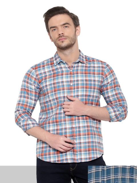 

BAWERIN Pack of 2 Men White Original Tartan Checks Sheer Checked Casual Shirt