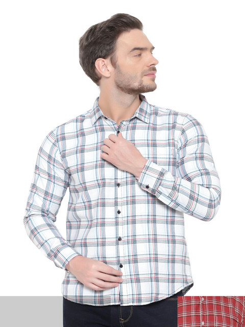 

BAWERIN Pack of 2 Men White Original Tartan Checks Sheer Checked Casual Shirt