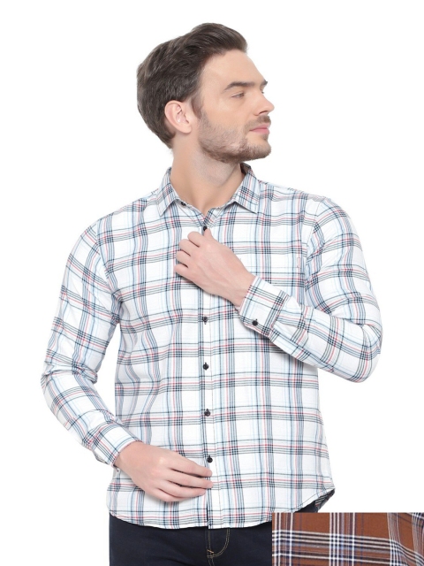 

BAWERIN Pack of 2 Men White Original Tartan Checks Sheer Checked Casual Shirt