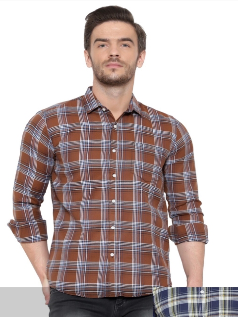 

BAWERIN Pack of 2 Men Brown Original Tartan Checks Sheer Checked Casual Shirt