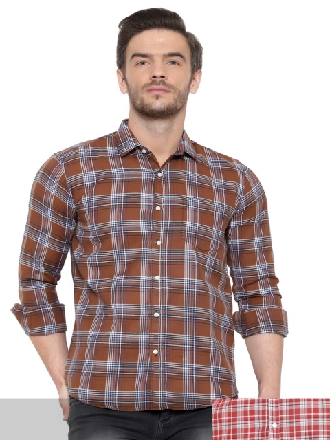 

BAWERIN Pack of 2 Men Brown Original Tartan Checks Sheer Checked Casual Shirt