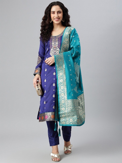 

cbazaar Blue & Gold-Toned Unstitched Dress Material