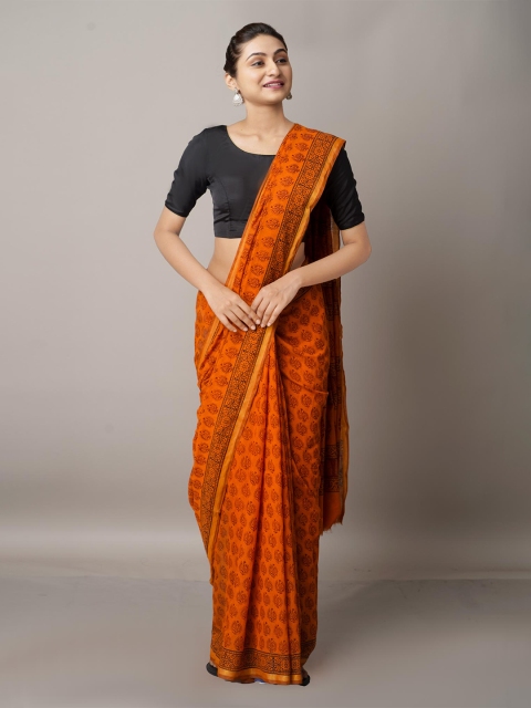 

Unnati Silks Orange & Gold-Toned Ethnic Motifs Zari Chanderi Saree