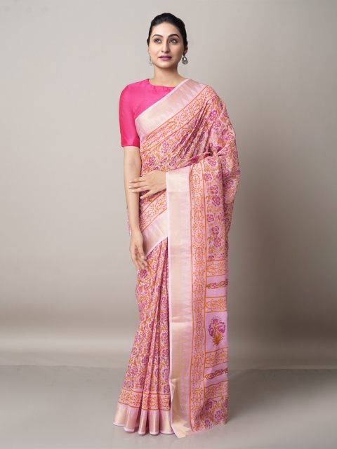 

Unnati Silks Pink & Gold-Toned Floral Pure Cotton Kota Saree