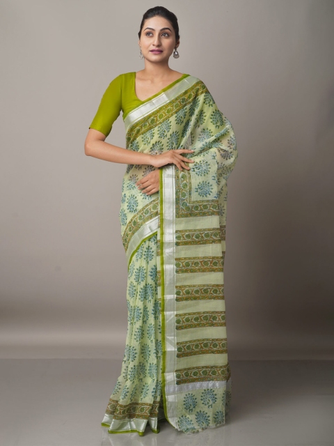 

Unnati Silks Green & Blue Ethnic Motifs Zari Pure Cotton Kota Saree