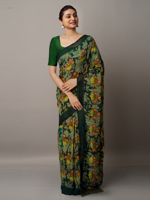 

Unnati Silks Green & Yellow Floral Block Print Saree