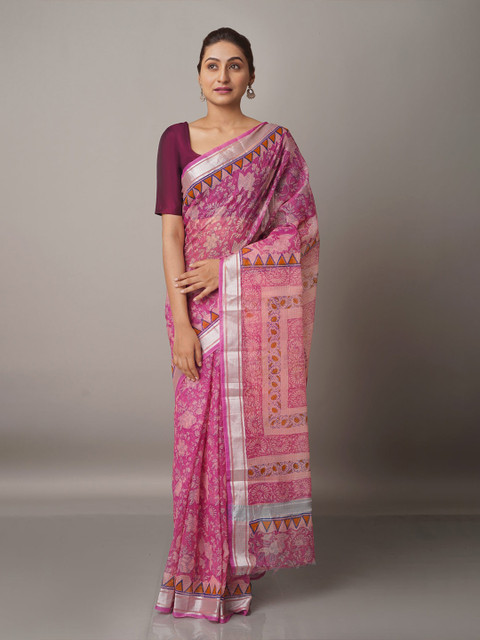 

Unnati Silks Pink & Silver-Toned Ethnic Motifs Zari Pure Cotton Kota Saree