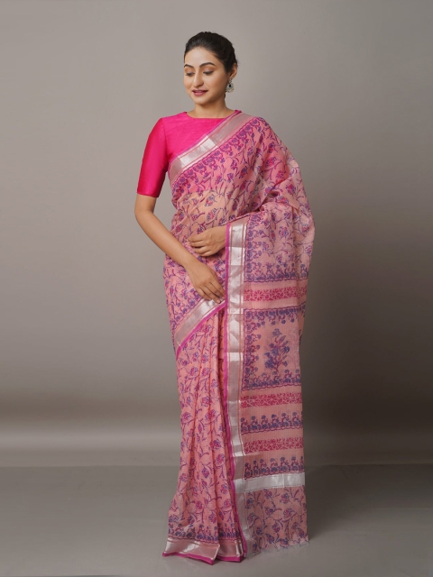 

Unnati Silks Pink & Blue Floral Pure Cotton Kota Saree