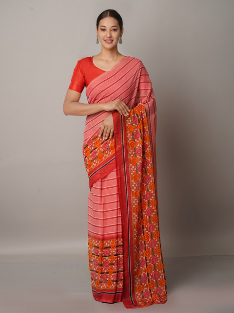 

Unnati Silks Pink & Orange Striped Block Print Saree