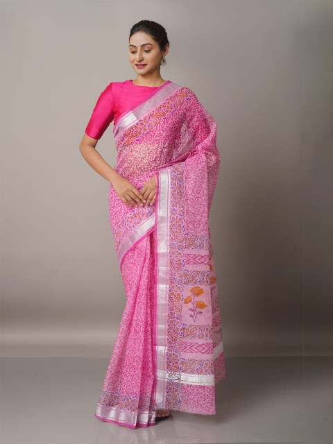 

Unnati Silks Pink & Silver-Toned Floral Zari Pure Cotton Kota Saree