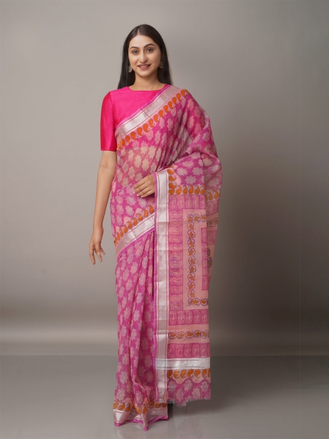 

Unnati Silks Pink & Purple Floral Zari Pure Cotton Kota Saree