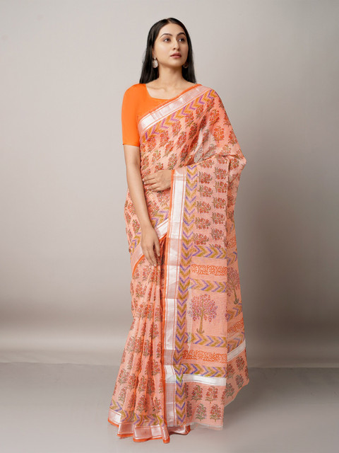 

Unnati Silks Red & Blue Floral Zari Pure Cotton Kota Saree