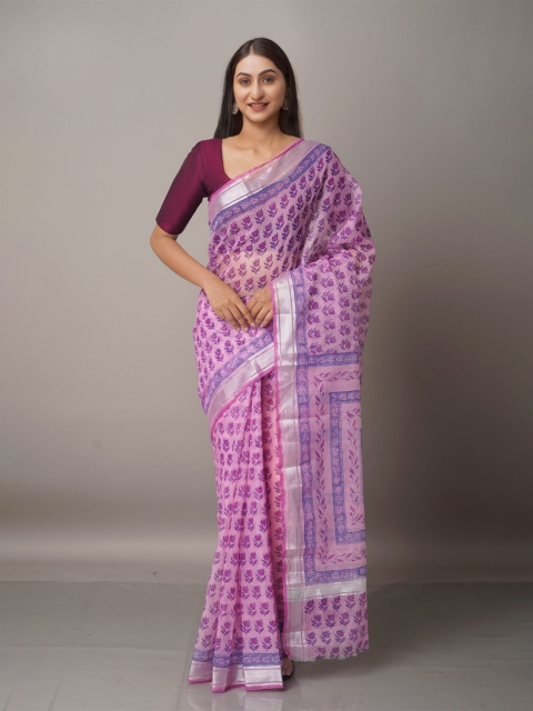 

Unnati Silks Pink & Purple Ethnic Motifs Zari Pure Cotton Kota Saree
