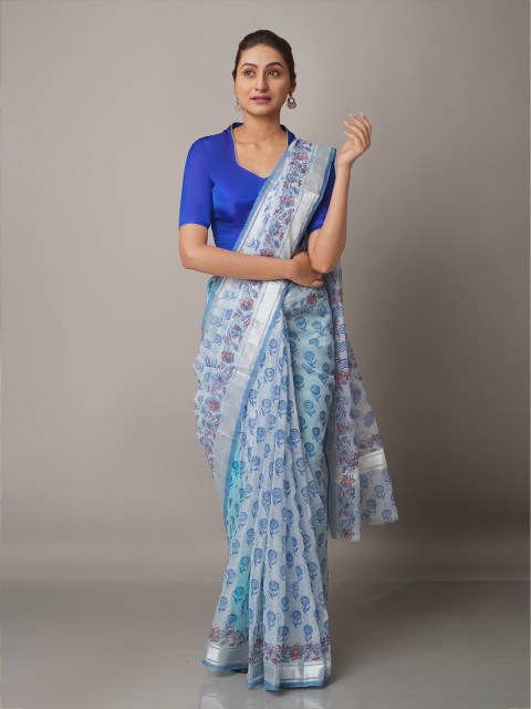 

Unnati Silks Blue & White Ethnic Motifs Pure Cotton Kota Saree