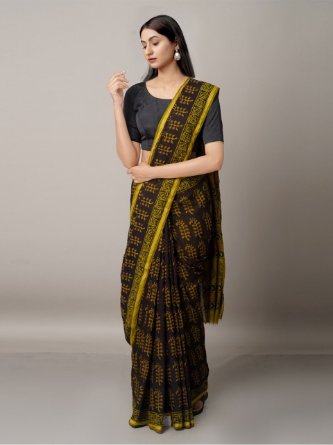 

Unnati Silks Black & Green Ethnic Motifs Chanderi Saree