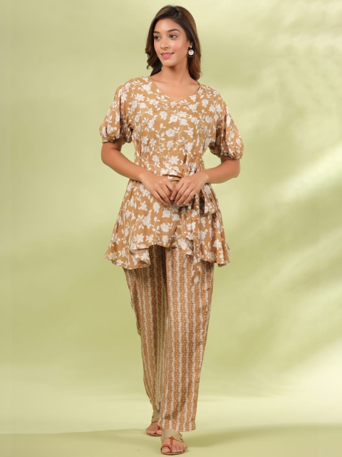 

JISORA Women Brown Printed Pure Silk Co-Ords