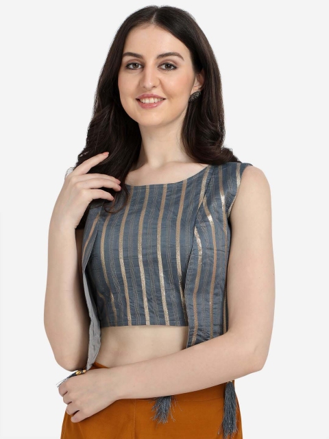 

Fab Viva Grey Printed Boat Neck Silk Saree Blouse