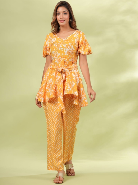 

JISORA Women Yellow Printed Pure Silk Co-Ords Set
