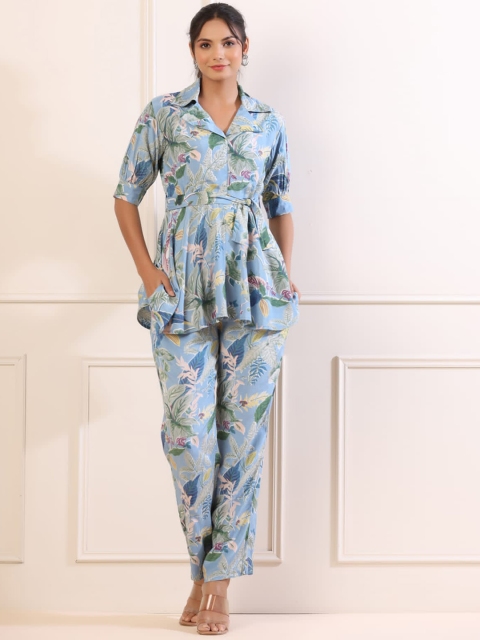 

JISORA Women Blue & Green Tropical Printed Pure Silk Co-Ords Set