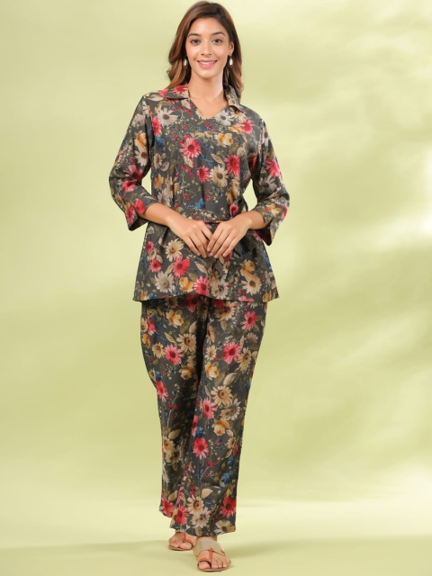 

JISORA Women Blue & Grey Floral Printed Silk Co-Ords Set